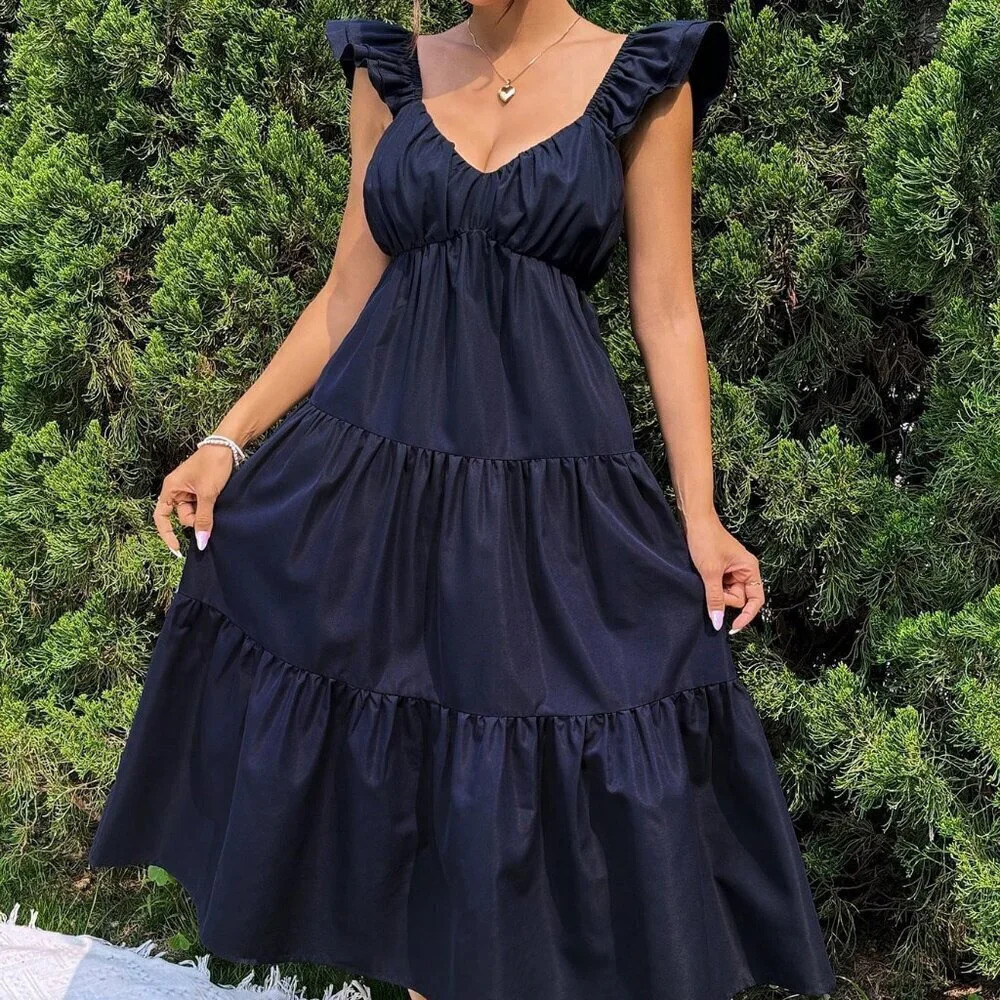 Navy Blue Casual Women's Loose Spaghetti Strap Flutter Sleeve Midi Dress